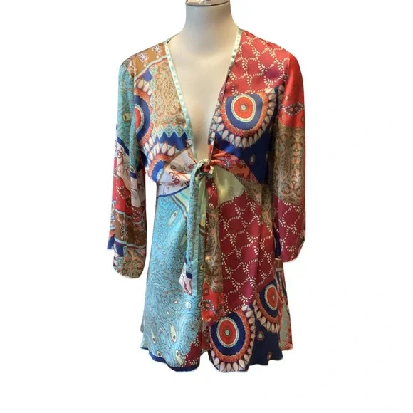 CABI Patchwork Print Tie Front Tunic Top Boho Paisley Multi Color Womens Medium - Picture 1 of 4